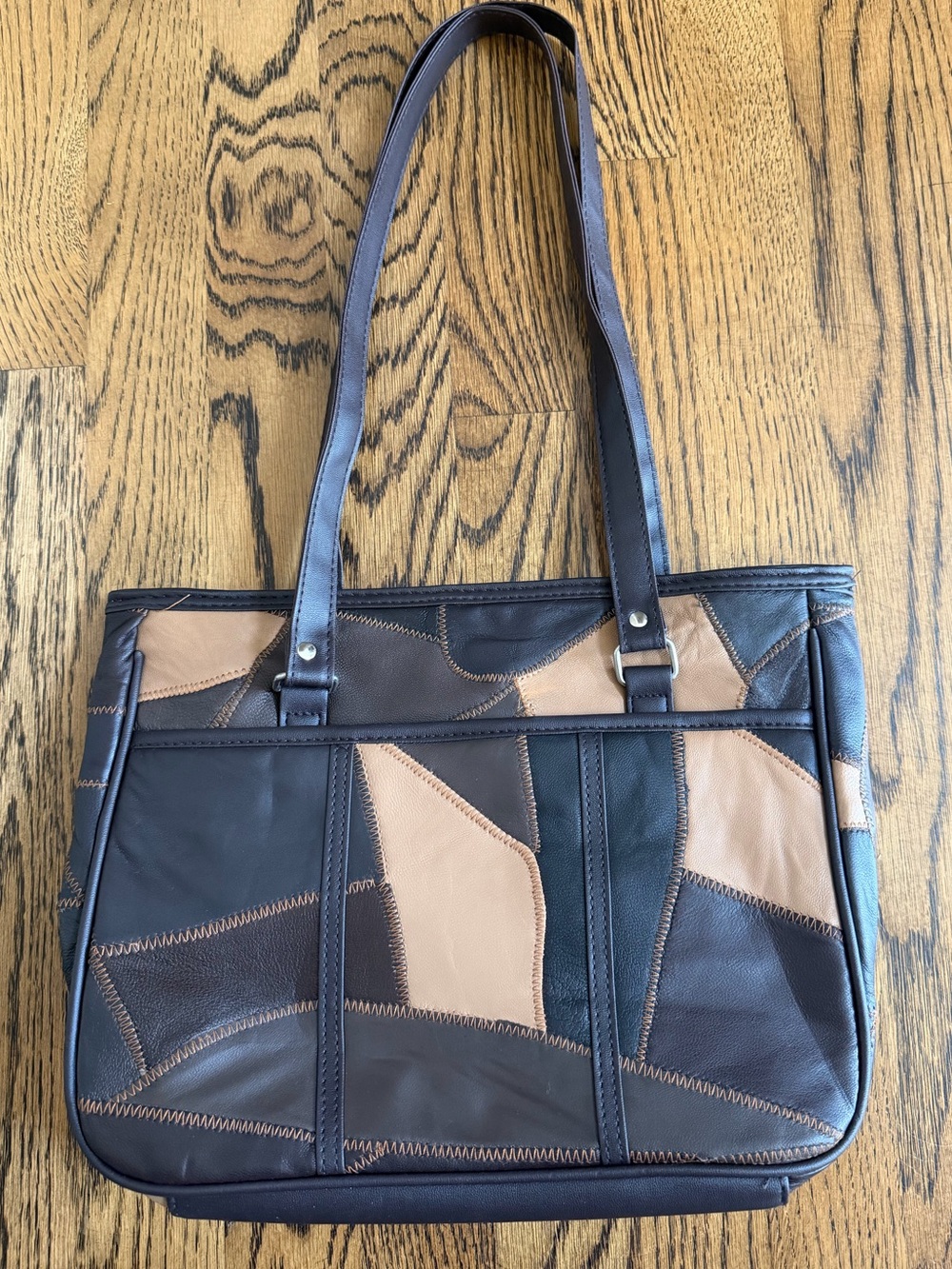 Leather Patchwork Shoulder Bag - Brown & Tan